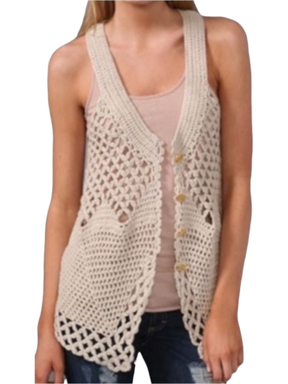 Free People open crochet knit boho buttoned vest